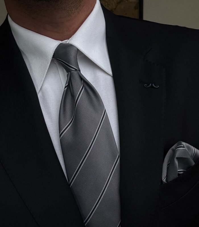 Gray with Black Striped Tie - 8 cm - With Pocket Square