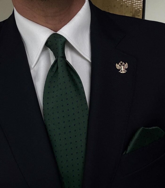 Dark Green with Blue Dots Tie - 8 cm - With Pocket Square