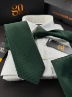 Dark Green with Blue Dots Tie - 8 cm - With Pocket Square - Image 3