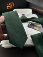 Dark Green with Blue Dots Tie - 8 cm - With Pocket Square - Image 2