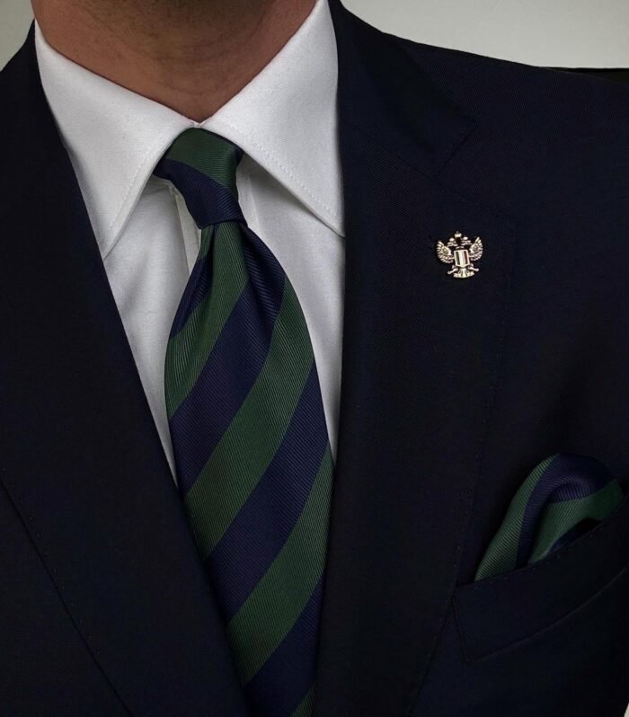 Blue & Green Striped Tie - 8 cm - With Pocket Square