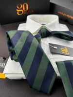 Blue & Green Striped Tie - 8 cm - With Pocket Square - Image 3