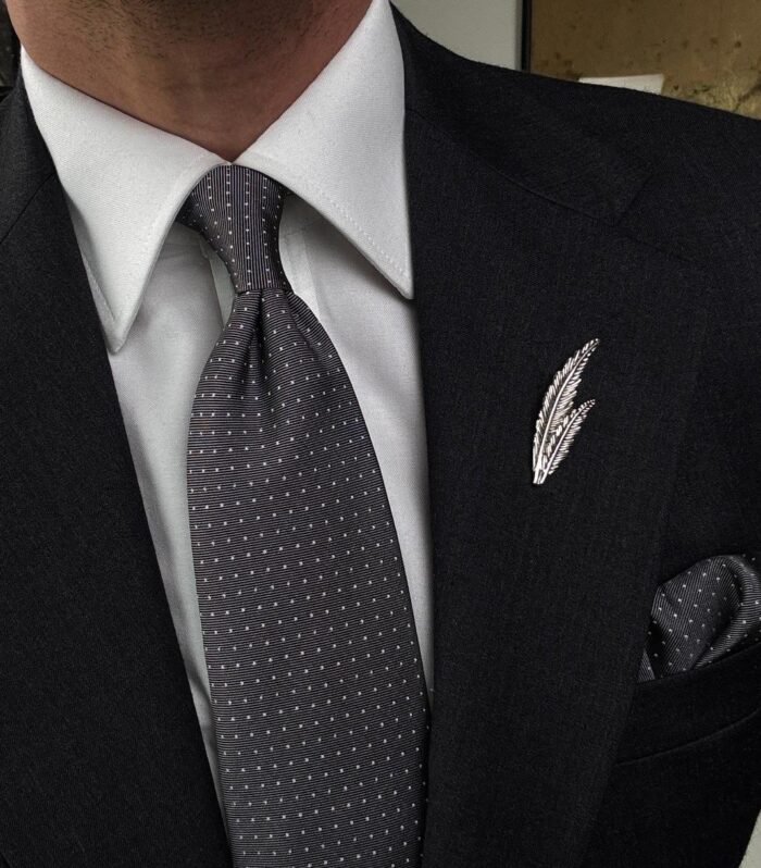 Gray Mini White Dots Tie - 8 cm - With Pocket Square