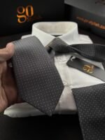 Gray Mini White Dots Tie - 8 cm - With Pocket Square - Image 2