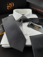 Gray Mini White Dots Tie - 8 cm - With Pocket Square - Image 3