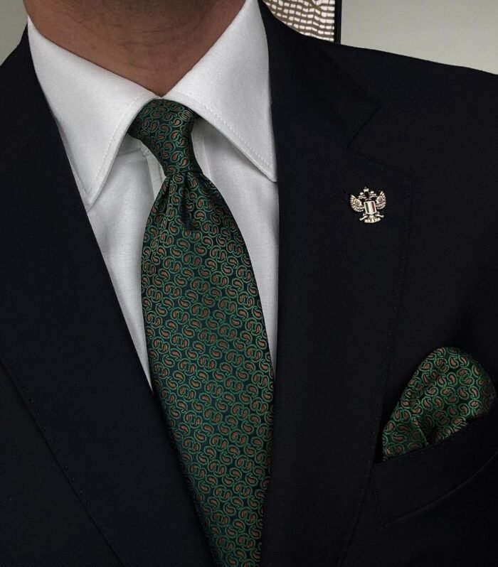Green Shapes Tie - 8 cm - With Pocket Square