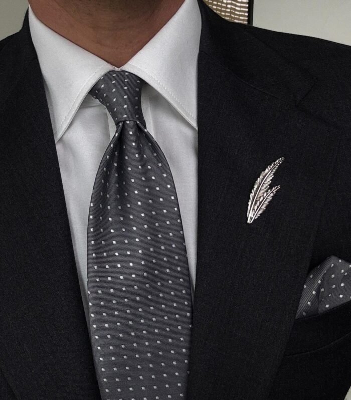 Gray with White Dots Tie - 8 cm - With Pocket Square