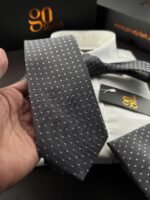 Gray with White Dots Tie - 8 cm - With Pocket Square - Image 3
