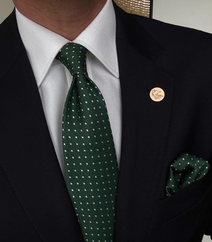 Green With  White Dots Tie - 8 cm - With Pocket Square