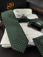 Green With  White Dots Tie - 8 cm - With Pocket Square - Image 2