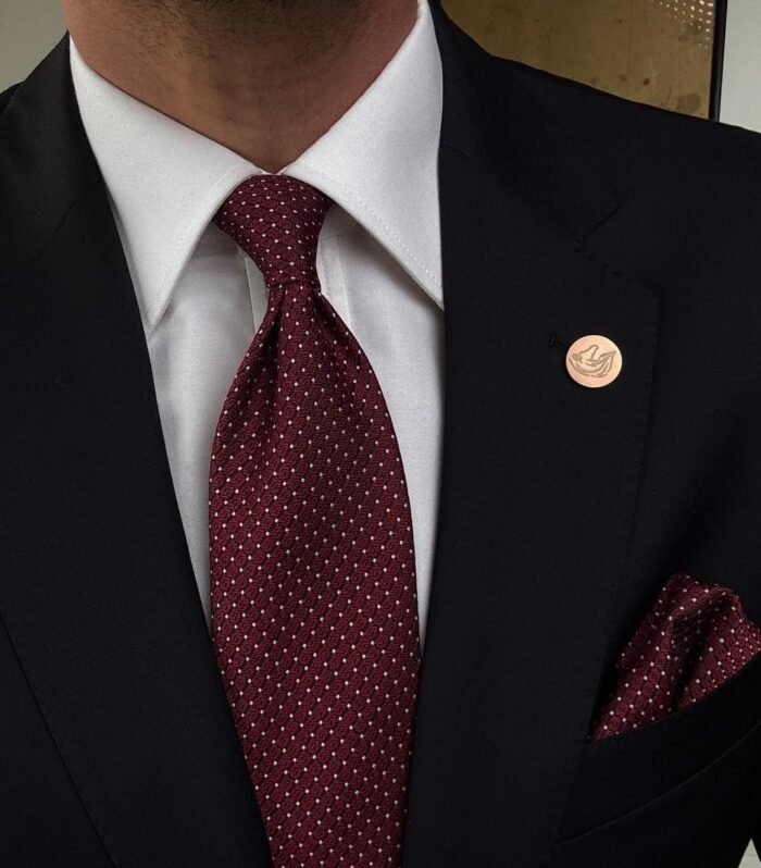 Burgundy Mini White Dots Tie - 8 cm - With Pocket Square