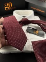 Burgundy Mini White Dots Tie - 8 cm - With Pocket Square - Image 3