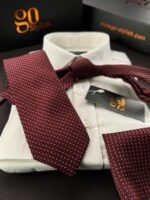 Burgundy Mini White Dots Tie - 8 cm - With Pocket Square - Image 2