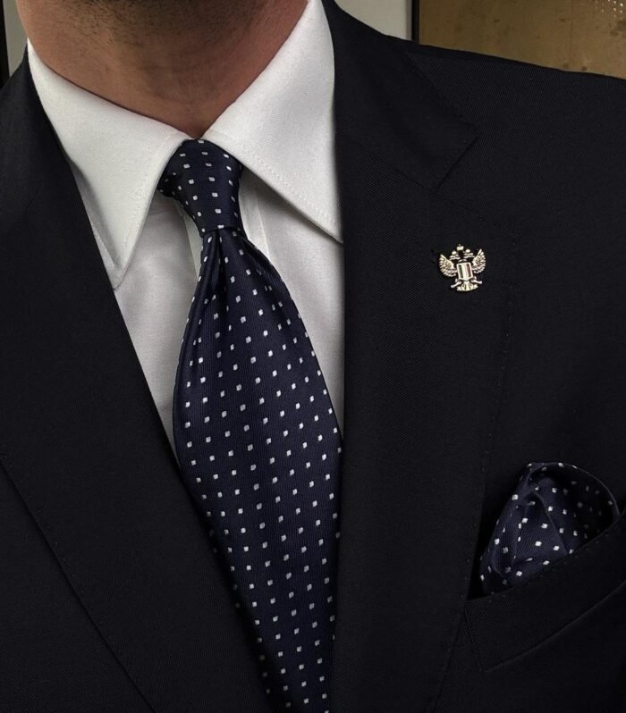 Navy Blue with White Dots Tie - 8 cm - With Pocket Square