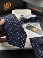 Navy Blue with White Dots Tie - 8 cm - With Pocket Square - Image 2