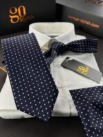 Navy Blue with White Dots Tie - 8 cm - With Pocket Square - Image 3