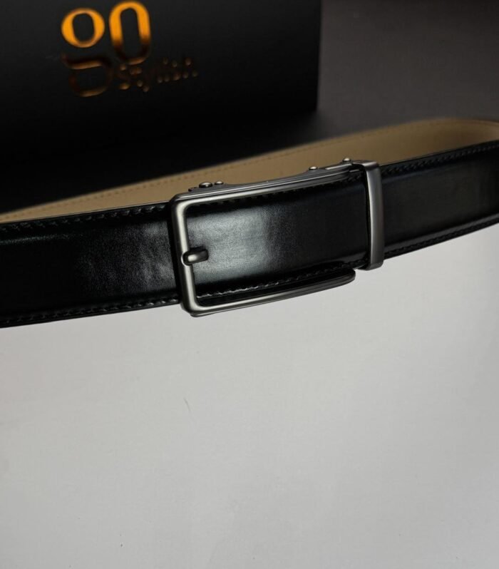 Black ''Track'' Leather Belt - Black Gun Buckle