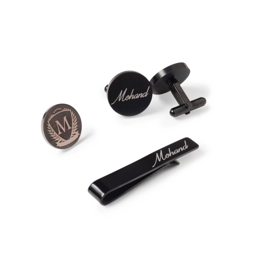 Tie Bar + Cufflinks (Round) + Lapel Pin - Black - Laser Engraving - Go ...