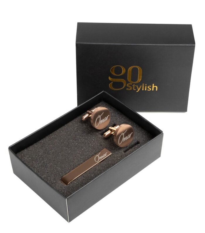 Tie Bar + Cufflinks (Round) - Rose Gold - Laser Engraving