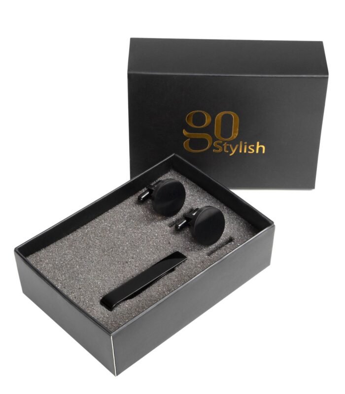 Tie Bar + Cufflinks (Round) – Black