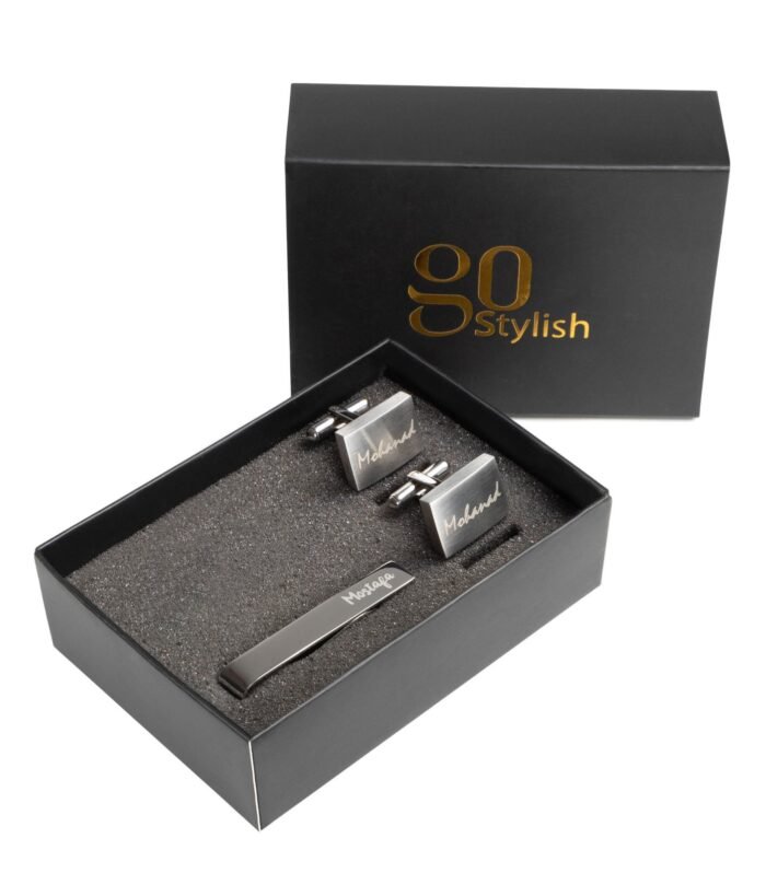 Tie Bar + Cufflinks - Silver - Laser Engraving
