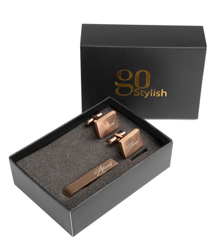 Tie Bar + Cufflinks – Rose Gold – Laser Engraving