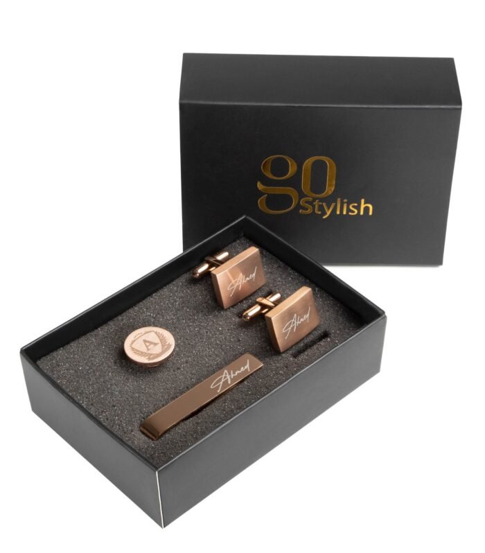 Tie Bar + Cufflinks + Lapel Pin - Rose Gold - Laser Engraving