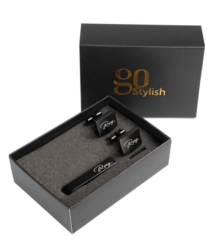 Tie Bar + Cufflinks – Black- Laser Engraving