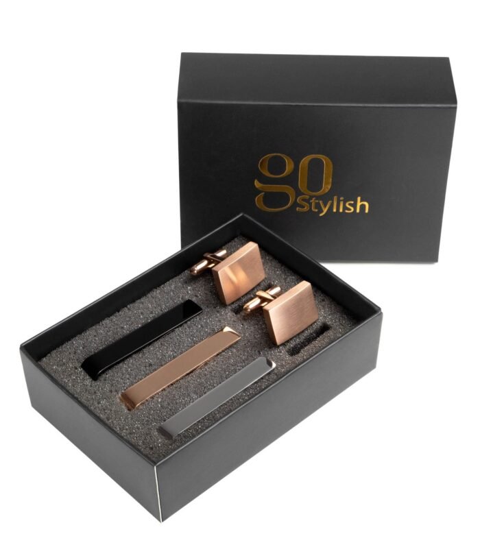 Tie Bar Set + Cufflinks Rose Gold
