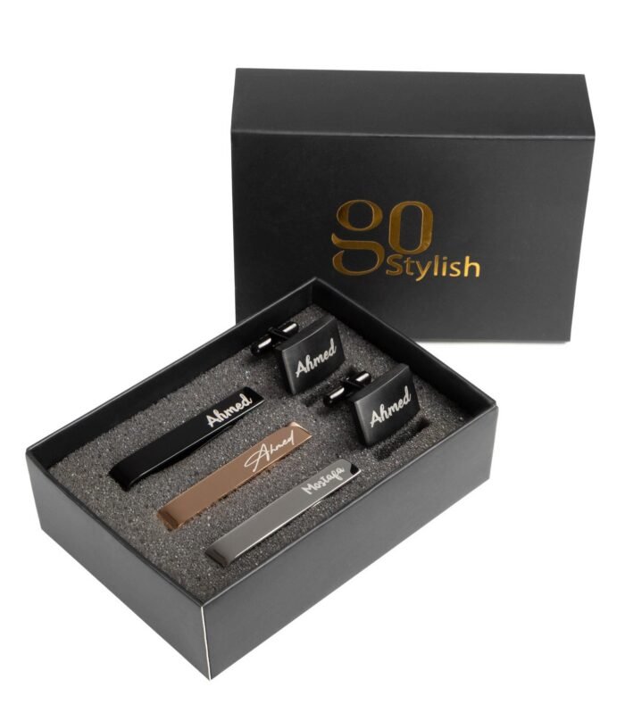 Tie Bar Set + Cufflinks Black - Laser Engraving