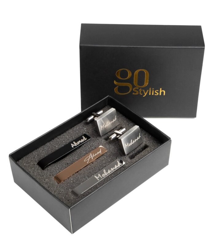 Tie Bar Set + Cufflinks Silver - Laser Engraving