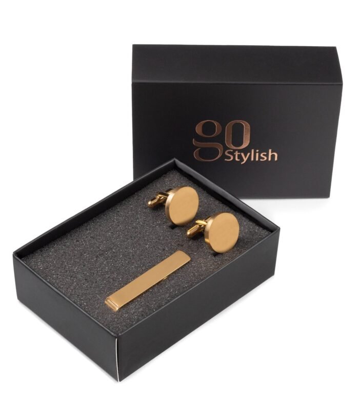 Tie Bar + Cufflinks (Round) - Gold