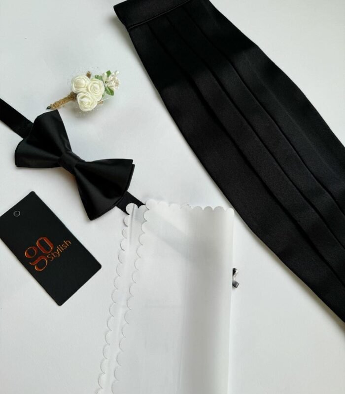 Satin Cummerbund, Bow Tie, Lapel Pin & White Pocket Square