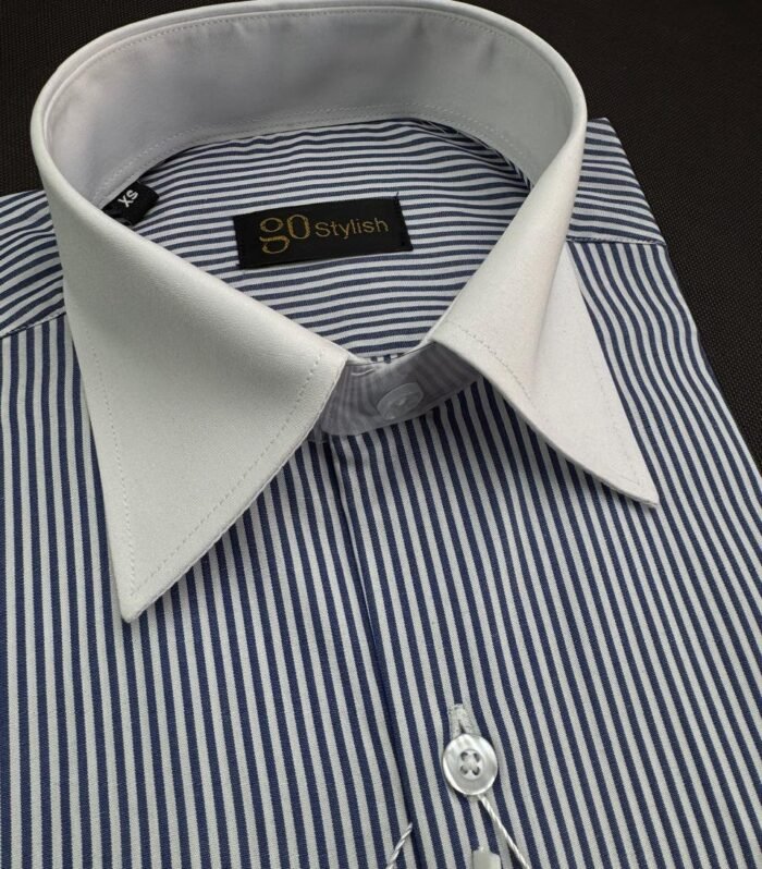 White Dark Blue Striped Business Shirt With MDC