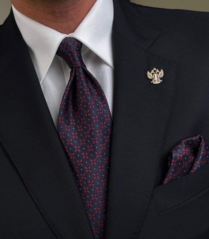 Elegant Blue & Red Tie - 8 cm - With Pocket Square