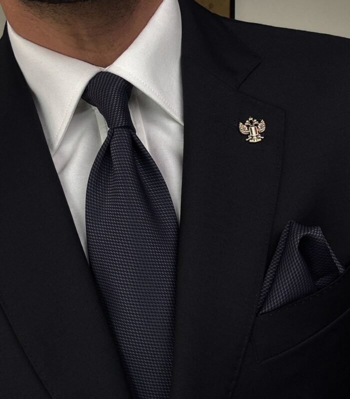 Navy Blue & Gray Tie - 8 cm - With Pocket Square