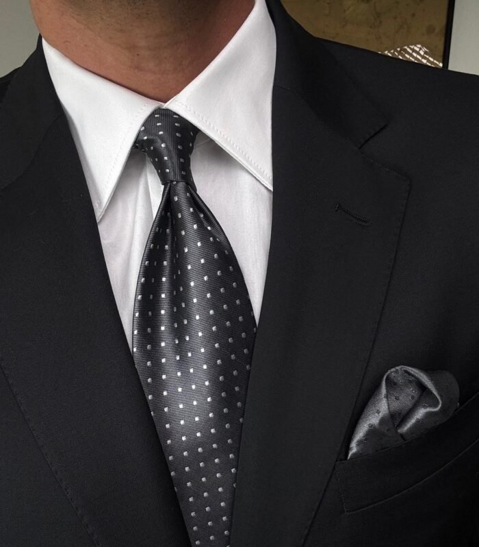Royal Gray with White Dots Tie - 8 cm - With Pocket Square