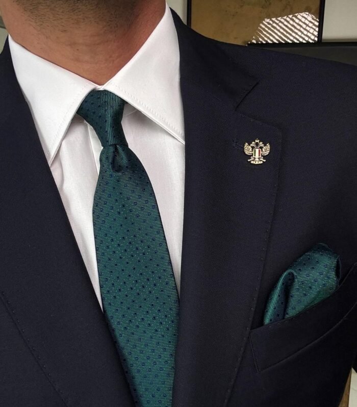Green with Dark Blue Dots Tie - 7 cm - With Pocket Square