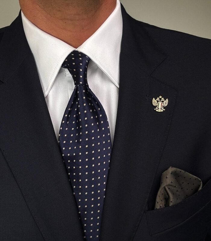 Navy Blue with Beige Dots Tie - 8 cm - With Pocket Square