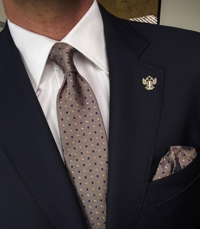 Beige with Blue Dots Tie - 7.5 cm - With Pocket Square