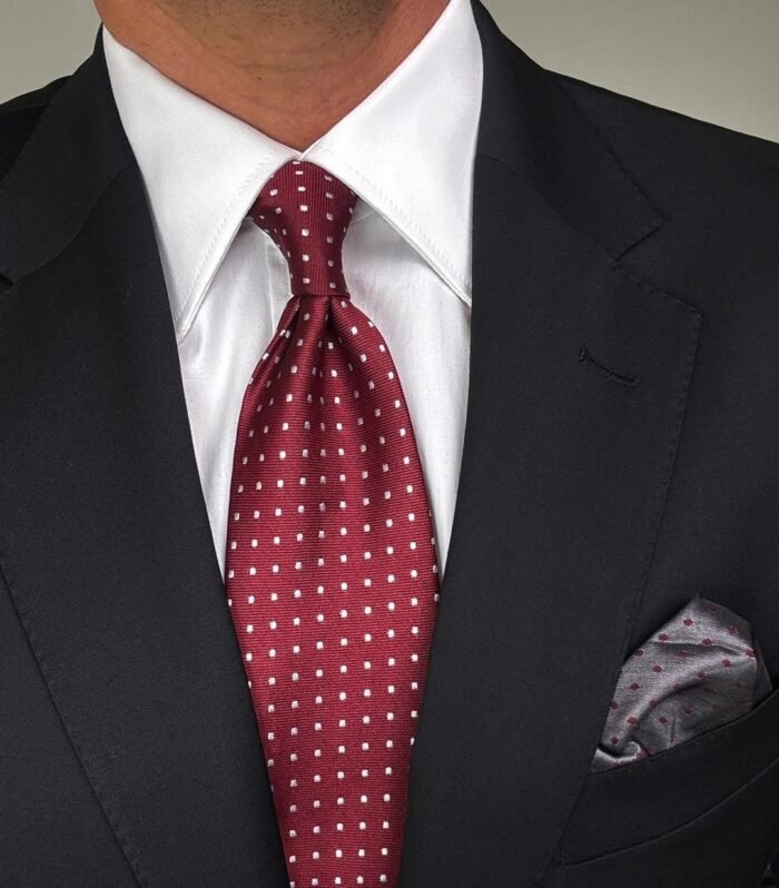 Burgundy White Dots Tie - 8 cm - With Pocket Square