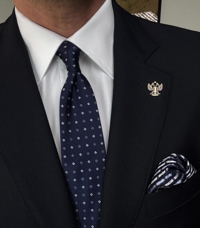 Blue with White Shapes Tie - 7 cm - With Pocket Square