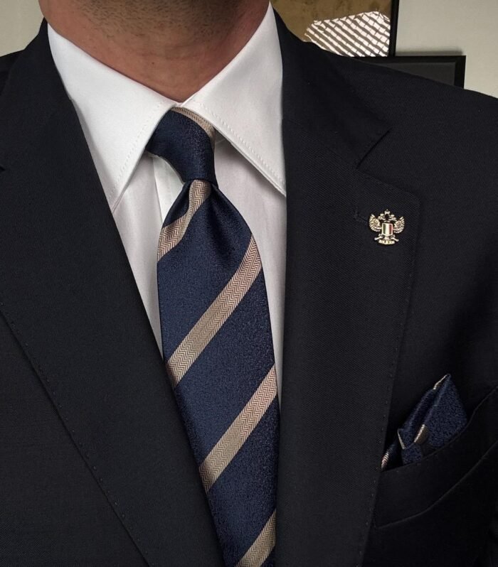 Blue & Beige Striped Tie - 7 cm - With Pocket Square