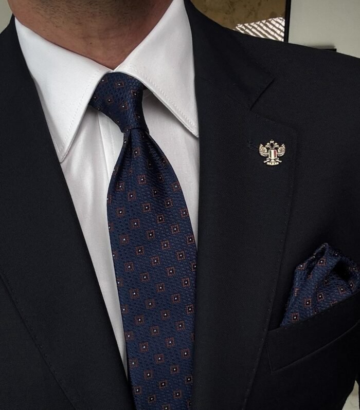 Dark Blue with Brown Squares Tie - 7.5 cm - With Pocket Square
