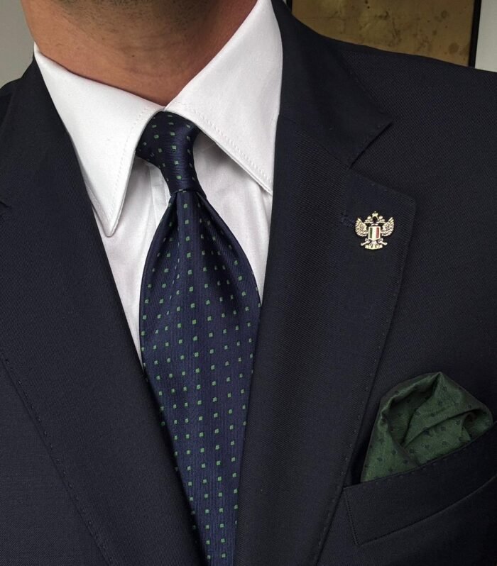 Navy Blue with Green Dots Tie - 8 cm - With Pocket Square