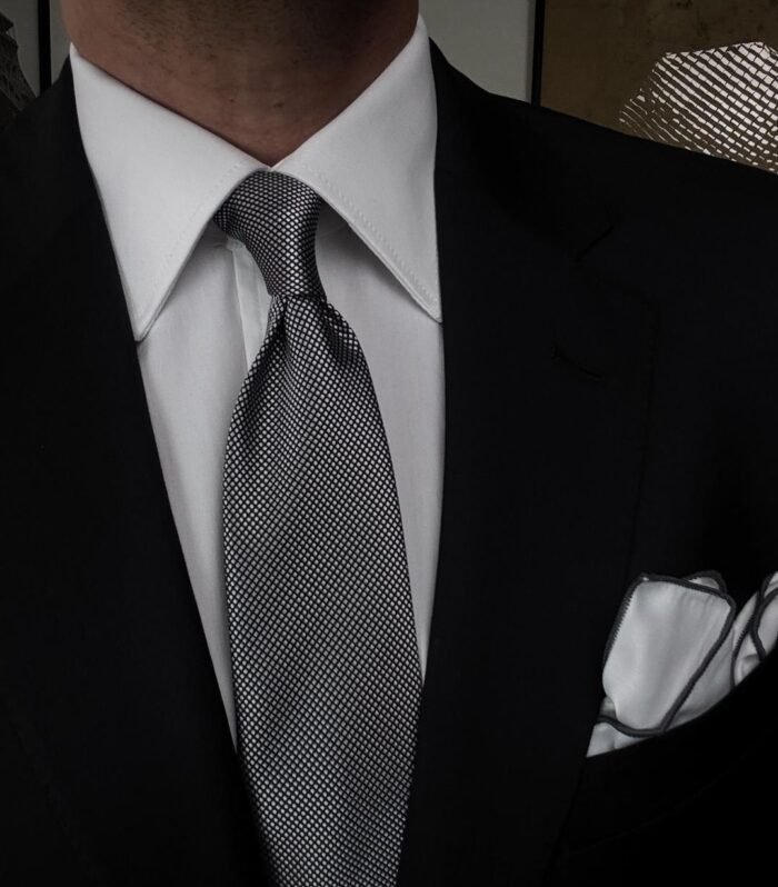 Silver Black Tie - 7.5 cm - With Pocket Square