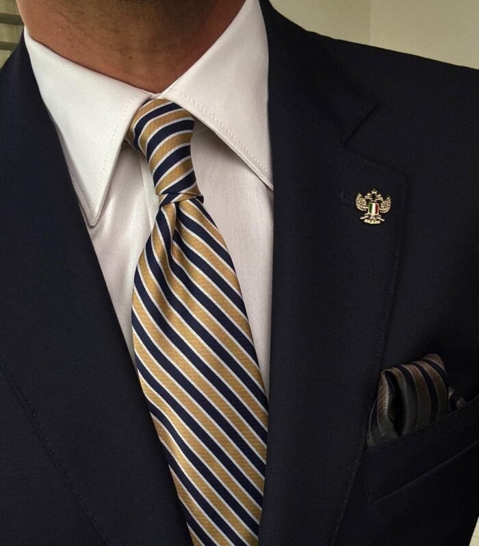 Yellow & Blue Striped Tie - 8 cm - With Pocket Square