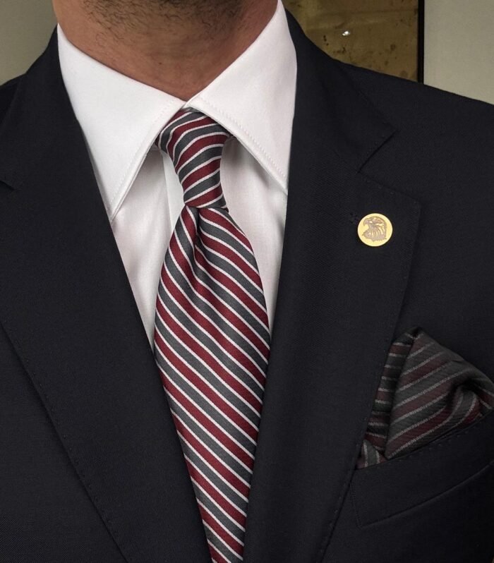 Gray & Burgundy Striped Tie - 8 cm - With Pocket Square