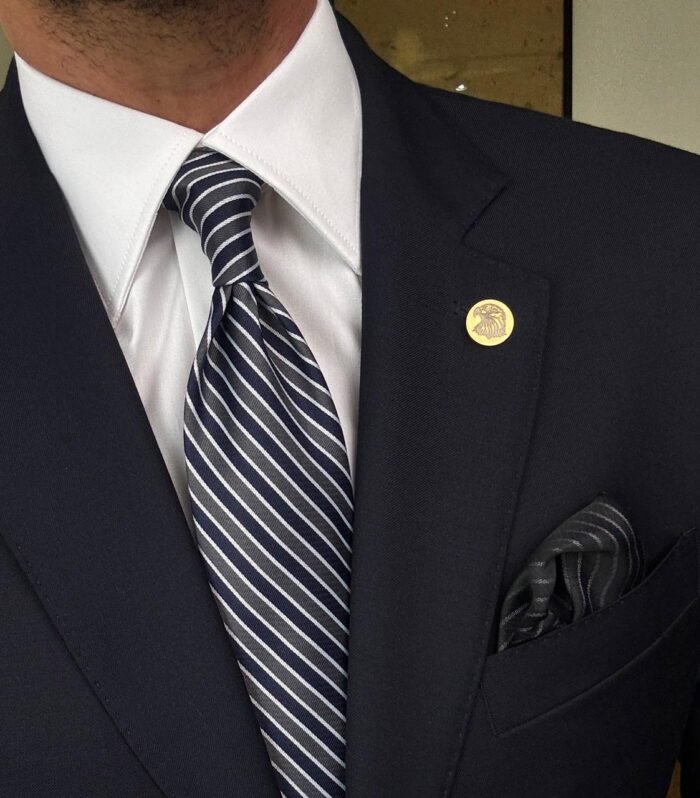 Gray & Blue Striped Tie - 8 cm - With Pocket Square