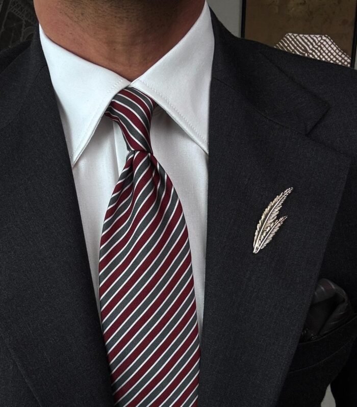 Gray & Burgundy Striped Tie - 8 cm - With Pocket Square